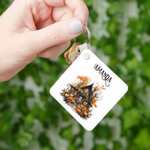 Haunted House with Pumpkins Halloween Keychain
