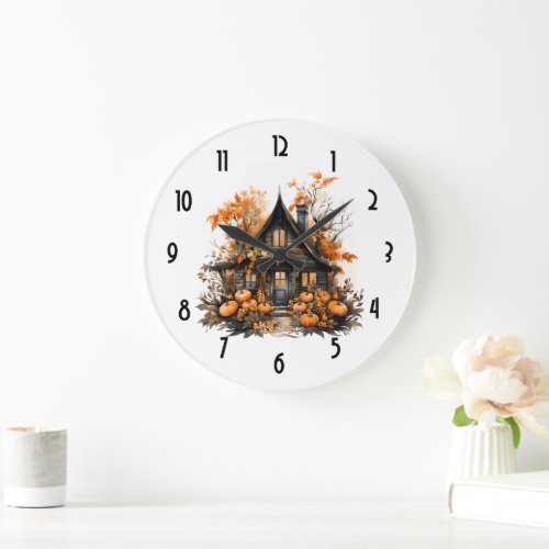 Haunted House with Pumpkins Halloween Large Clock