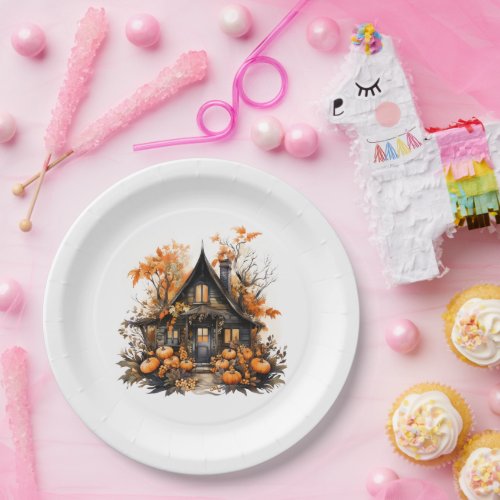 Haunted House with Pumpkins Halloween Paper Plates