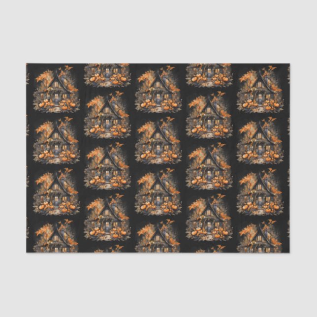 Haunted House with Pumpkins Halloween Pattern Tissue Paper (Front)