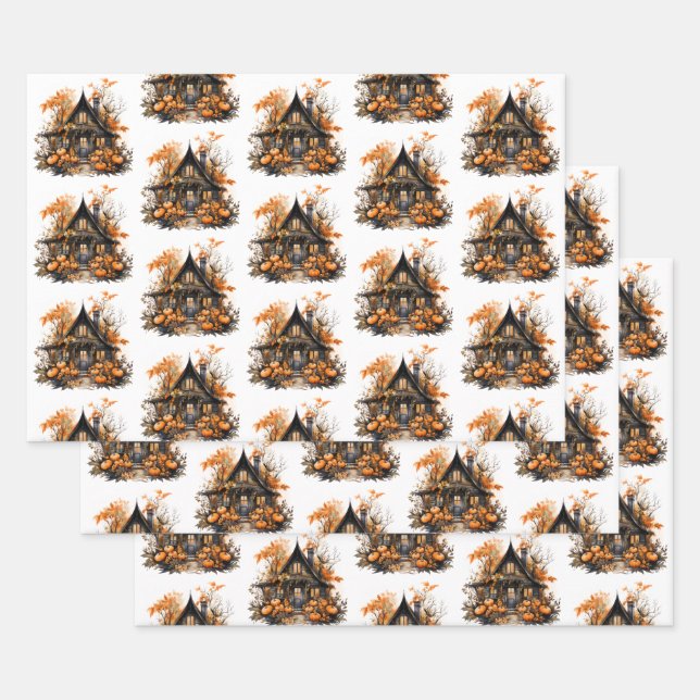 Haunted House with Pumpkins Halloween Pattern Wrapping Paper Sheets (Set)