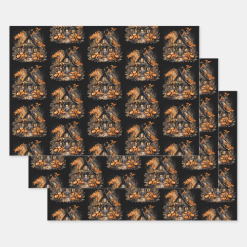 Haunted House with Pumpkins Halloween Pattern Wrapping Paper Sheets