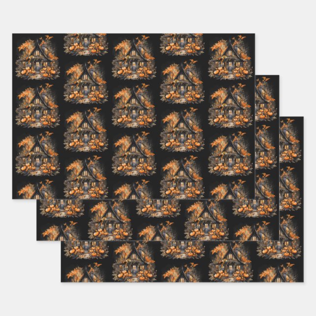 Haunted House with Pumpkins Halloween Pattern Wrapping Paper Sheets (Set)