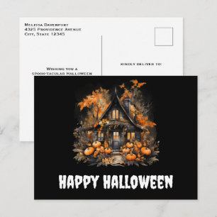 Haunted House with Pumpkins Halloween Postcard