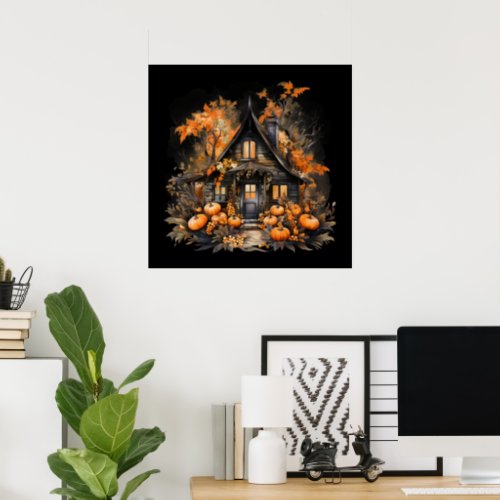 Haunted House with Pumpkins Halloween Poster