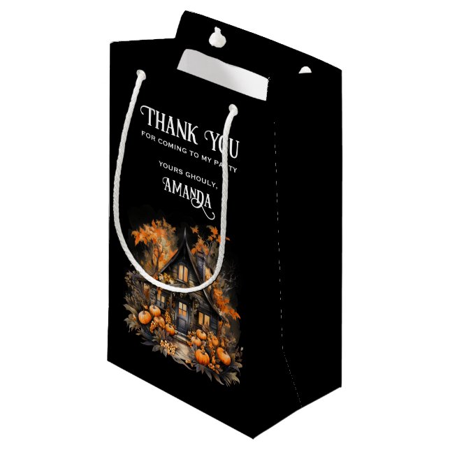 Haunted House with Pumpkins Halloween Small Gift Bag (Front Angled)