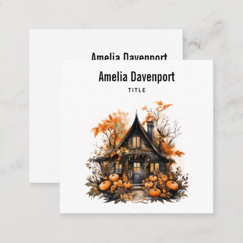 Haunted House with Pumpkins Halloween Square Business Card