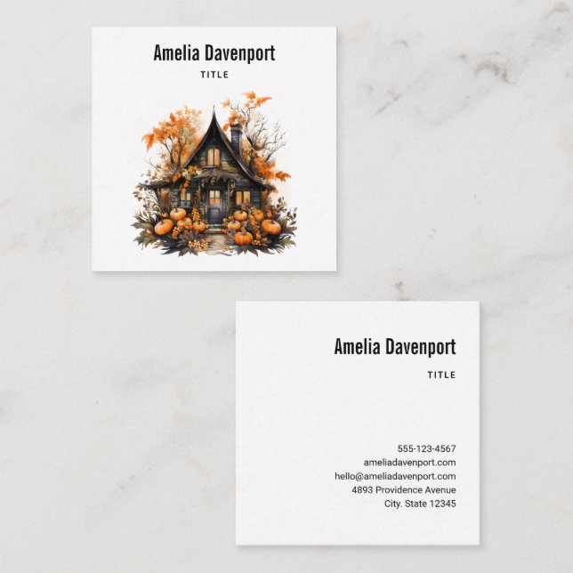 Haunted House with Pumpkins Halloween Square Business Card (Front/Back)