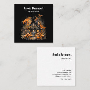 Haunted House with Pumpkins Halloween Square Business Card