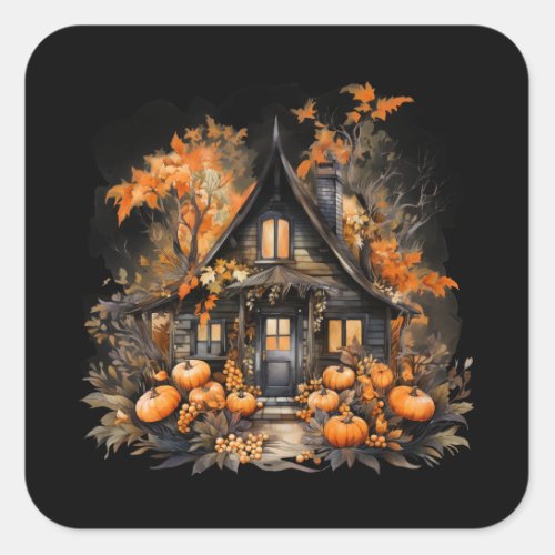 Haunted House with Pumpkins Halloween Square Sticker