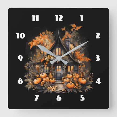 Haunted House with Pumpkins Halloween Square Wall Clock