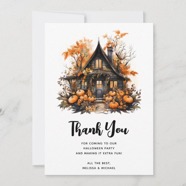 Haunted House with Pumpkins Halloween Thank You Card (Front)