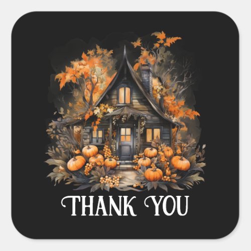 Haunted House with Pumpkins Halloween Thank You Square Sticker