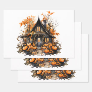 Haunted House with Pumpkins Halloween Wrapping Paper Sheets