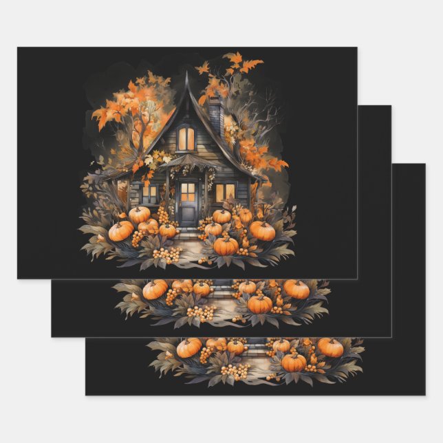 Haunted House with Pumpkins Halloween Wrapping Paper Sheets (Set)