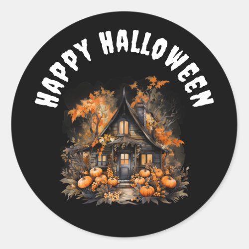 Haunted House with Pumpkins Happy Halloween Classic Round Sticker