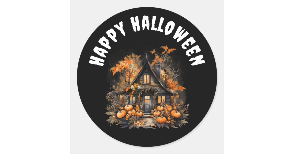 Haunted House with Pumpkins Happy Halloween Classic Round Sticker | Zazzle