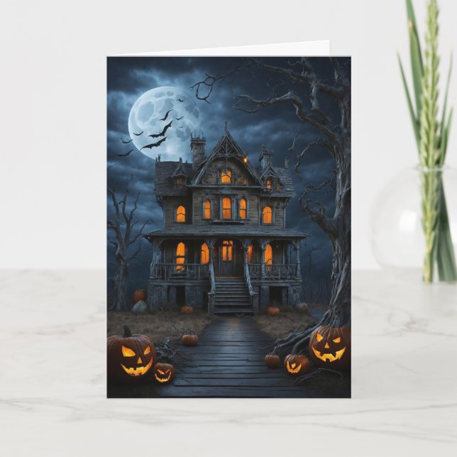 Haunted House with Pumpkins Letterpress Thank You Card (Front)