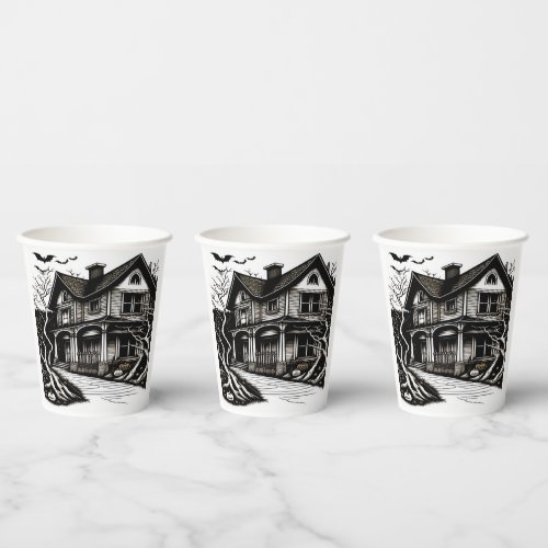 Haunted House Woodcut Paper Cups