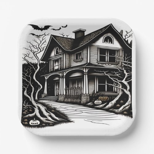 Haunted House Woodcut Paper Plates