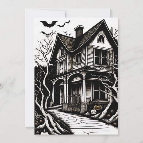 Haunted House Woodcut with Bats Halloween Party Invitation