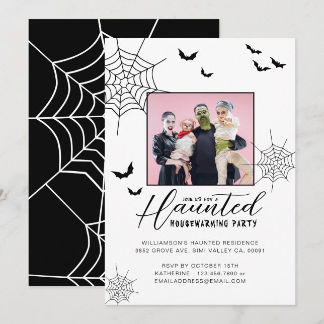 Haunted Housewarming Party Spiderwebs & Bats Photo Invitation (Front/Back)