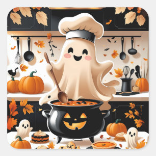 Haunted & Hungry – Kawaii Ghost Chef in the Kitche Square Sticker