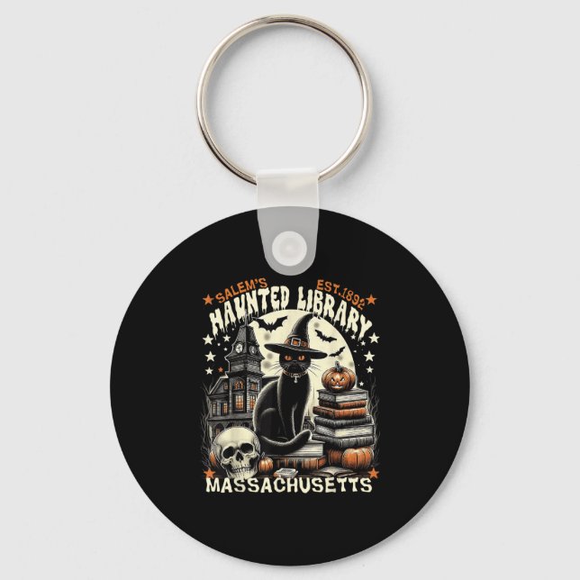 Haunted Library M Vintage Gothic Halloween Art  Keychain (Front)