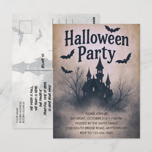 Haunted Manor Halloween Party Invitation  Postcard (Front/Back)