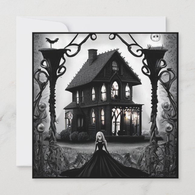 Haunted Mansion and Gothic Woman Halloween Invitation (Front)