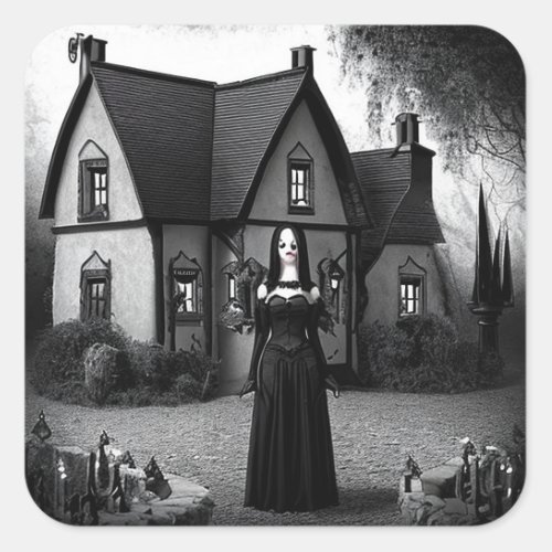 Haunted Mansion and Gothic Woman Square Sticker