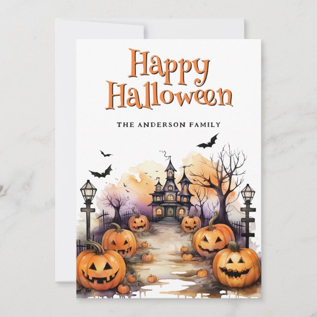 Haunted Mansion Bat Jack O'Lanterns Halloween Card (Front)