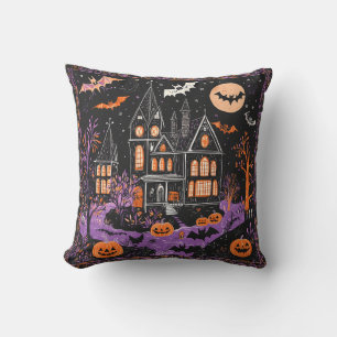 Haunted Mansion Bats Jack-O-Lantern Halloween Deco Throw Pillow
