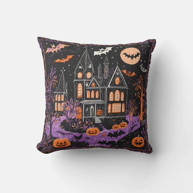 Haunted Mansion Bats Jack-O-Lantern Halloween Deco Throw Pillow (Front)