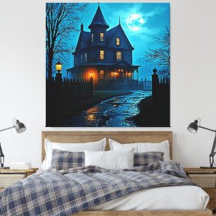 Haunted Mansion Blue Moonlight Night Design Canvas Print