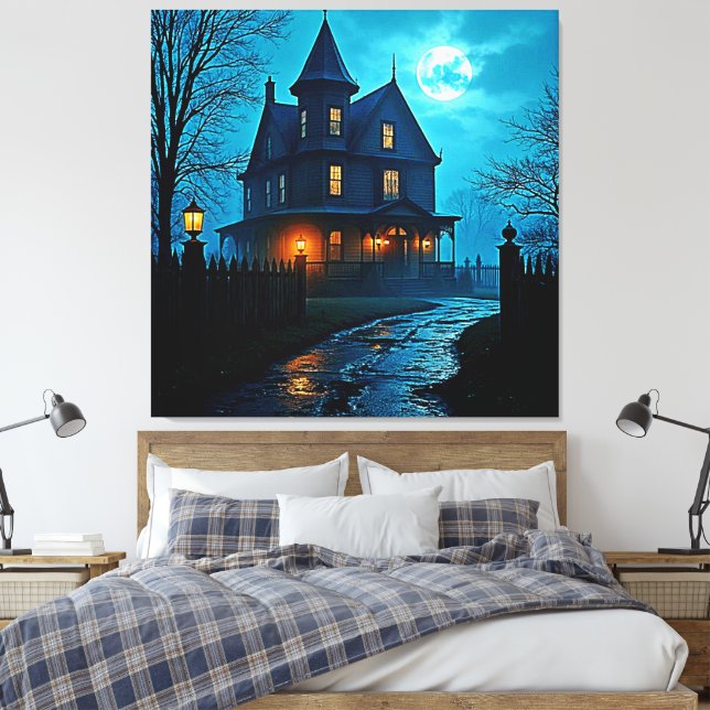 Haunted Mansion Blue Moonlight Night Design Canvas Print (Insitu(Bedroom))