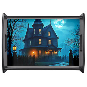 Haunted Mansion Blue Moonlight Night Design Serving Tray
