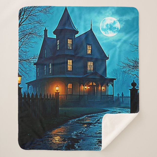 Haunted Mansion Blue Moonlight Night Design Sherpa Blanket (Front)