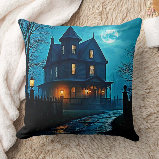 Haunted Mansion Blue Moonlight Night Design Throw Pillow (Blanket)