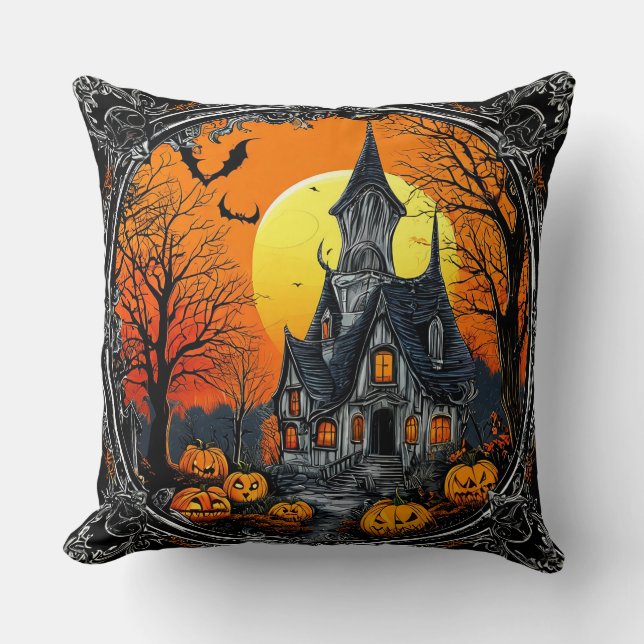Haunted Mansion Illustration with Jack-O-Lanterns Throw Pillow (Front)