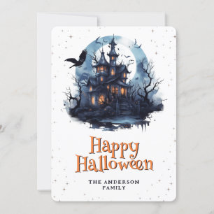Haunted Mansion Raven Bats Moon Happy Halloween Holiday Card