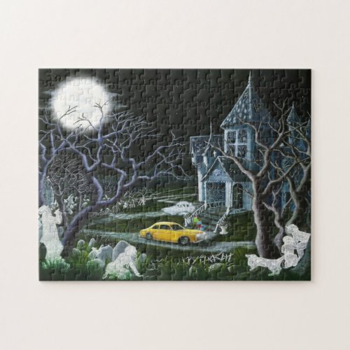 Haunted mansion with ghosts and cemetery puzzle