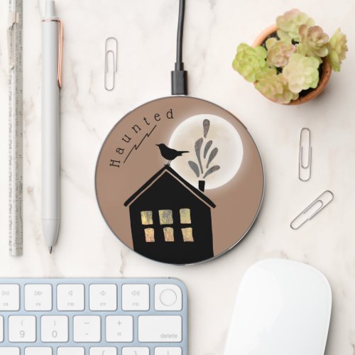 Haunted Moonlit House Black Gold Wireless Charger