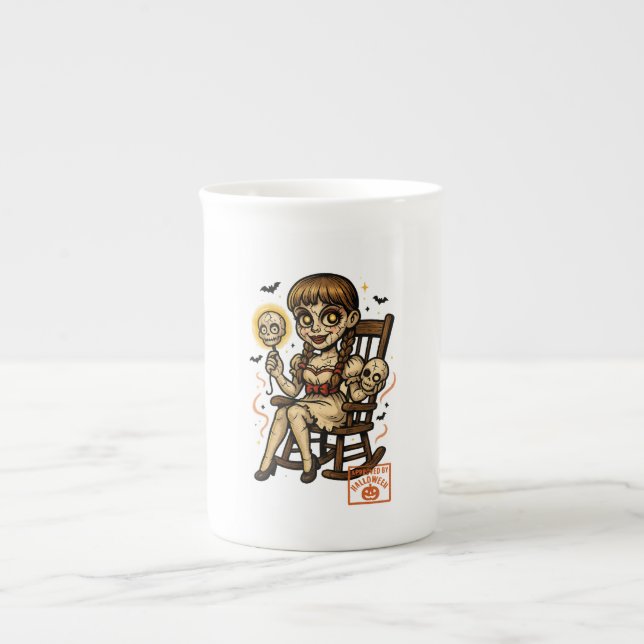 Haunted Pin-Up Doll – Creepy Cute Halloween Bone China Mug (Front)