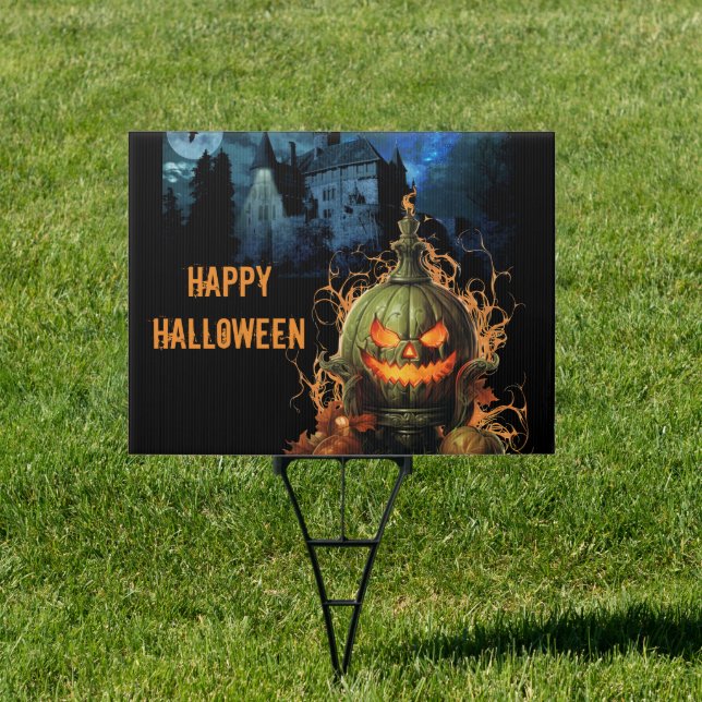 Haunted Pumpkin and Mansion Halloween Yard Sign (Insitu)
