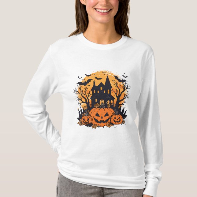 Haunted pumpkin house Halloween T-Shirt (Front)