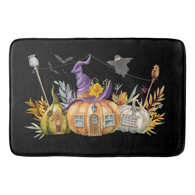 Haunted Pumpkin House with Ghost & Bats Bath Mat (Front)