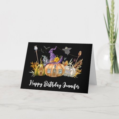 Haunted Pumpkin House with Ghost  Bats Birthday Card