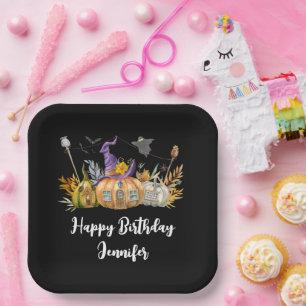 Haunted Pumpkin House with Ghost & Bats Birthday Paper Plates