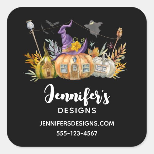 Haunted Pumpkin House with Ghost  Bats Business Square Sticker